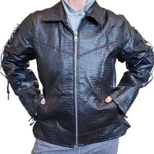 Y2K Black Leather Laceup Jacket Black‎ Embroidered Roses On Back Sz L Biker Goth